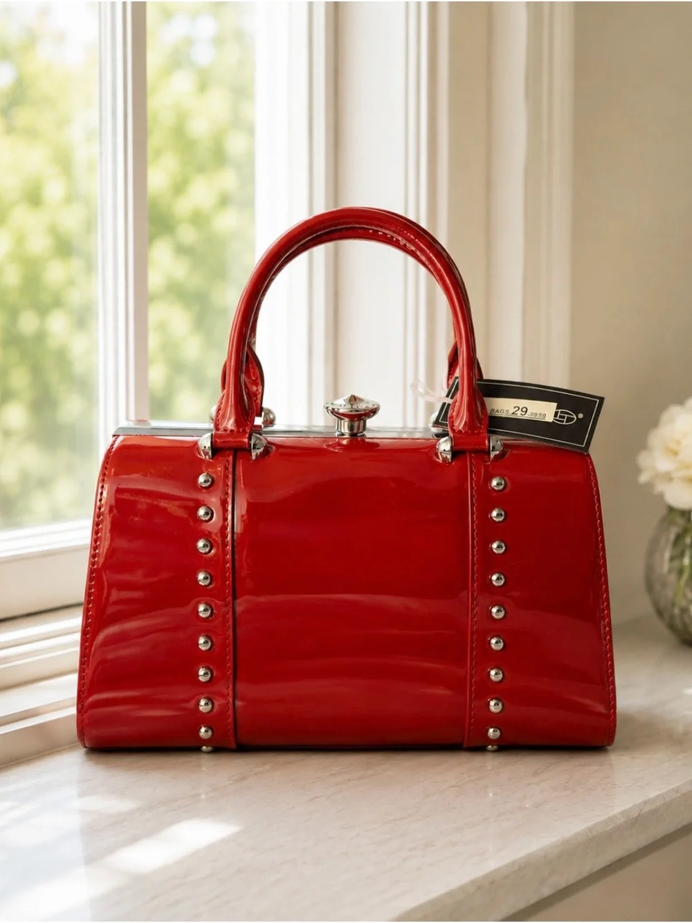Glossy Red Patent Satchel Handbag with Crystal Clasp & Crossbody Strap